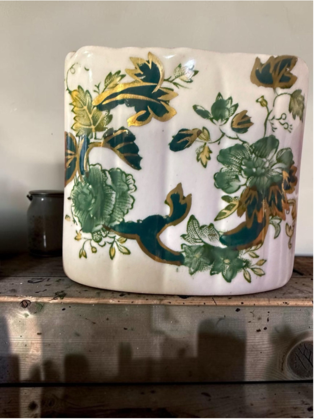 Vintage Mason’s Patent Ironstone Chartreuse Vase Green Gold Floral Made in Engla